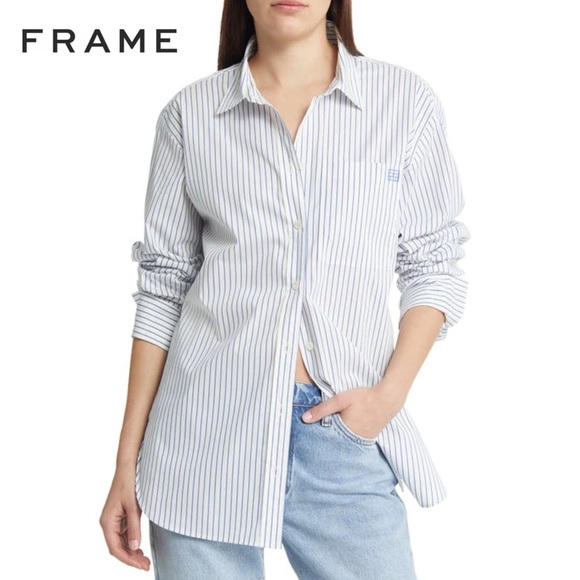 Frame Denim Tops - FRAME The Oversized Striped Cotton Shirt In Cobalt Multi S White Button Down